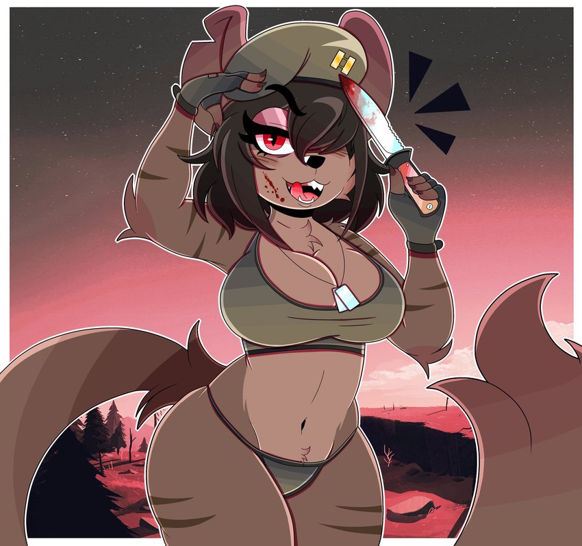 anthro arm_tuft beret blood bodily_fluids breasts chest_tuft cleavage clothed clothing combat_knife crotch_tuft dog_tags female fingerless_gloves fur gloves hair hair_over_eye handwear hat headgear headwear knife licking licking_lips looking_at_viewer navel one_eye_obstructed panties red_eyes short_hair shoulder_tuft solo striped_body striped_fur stripes tongue tongue_out tuft underwear weapon wireless_shiba a.i.m._(game) azalea_(wireless_shiba) felid mammal 2022 absurd_res hi_res