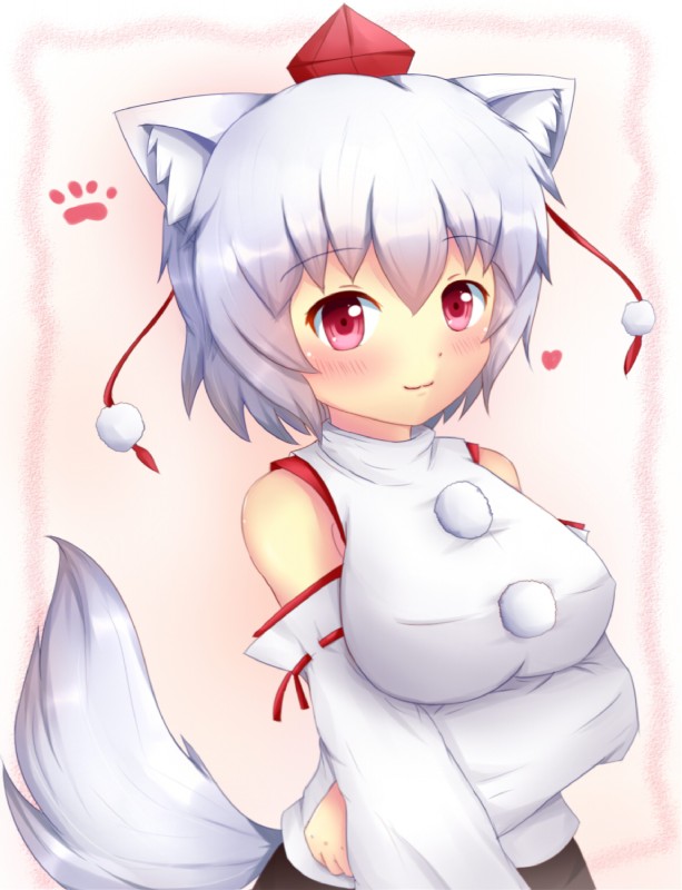 :3 armwear bare_shoulders blush breasts clothing detached_sleeves female footprint hair hat headgear headwear heart_symbol looking_at_viewer pawprint pink_eyes pom_clothing pom_shirt short_hair solo tail tokin_hat white_hair kane-neko touhou momiji_inubashiri animal_humanoid canid canid_humanoid canine canine_humanoid canis dog_humanoid domestic_dog humanoid mammal mammal_humanoid hi_res