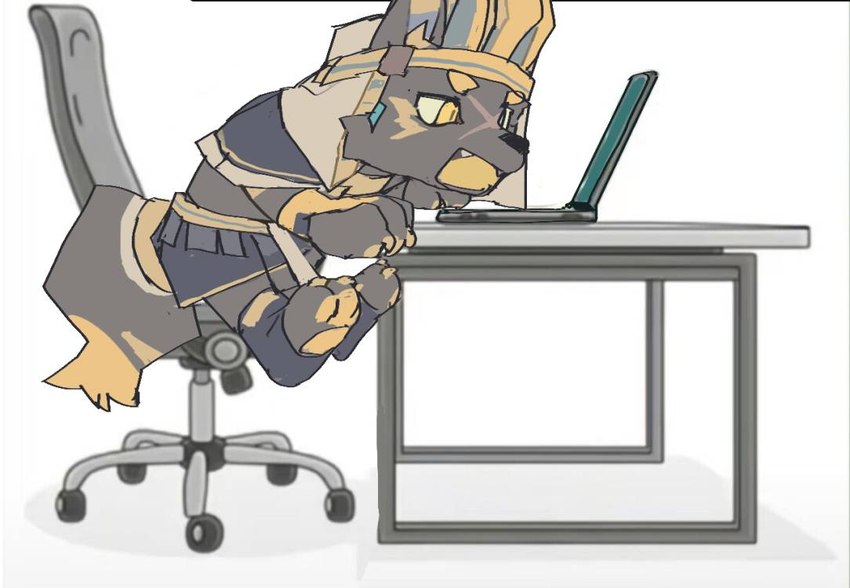 black_body black_fur blue_eyes chair chibi facial_scar fangs fur furniture looking_at_computer looking_at_laptop looking_at_object male office_chair on_chair paw_socks pawpads paws scar sitting sitting_on_chair solo teeth yelling_at_another yellow_eyes yellow_pawpads viosgit egyptian_mythology middle_eastern_mythology mythology anubis anubian_jackal canid canine canis deity jackal mammal 2024