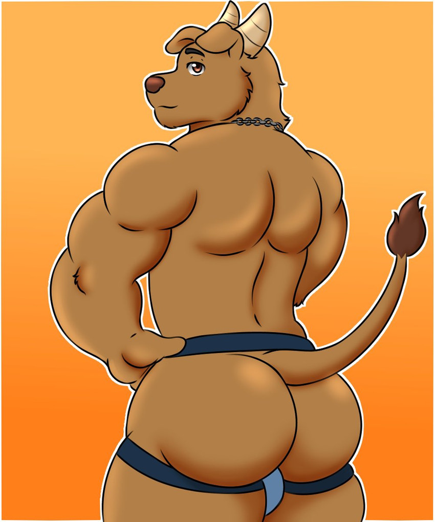 anthro brown_body brown_fur bulge butt butt_focus chain_jewelry chain_necklace clothing fur horn jewelry jockstrap looking_at_viewer looking_back male muscular muscular_anthro muscular_male necklace orange_background simple_background solo standing underwear kai_lionbear indigo_the_bullpup bovid bovine canid canine canis cattle domestic_dog hybrid mammal 2020 5:6 hi_res