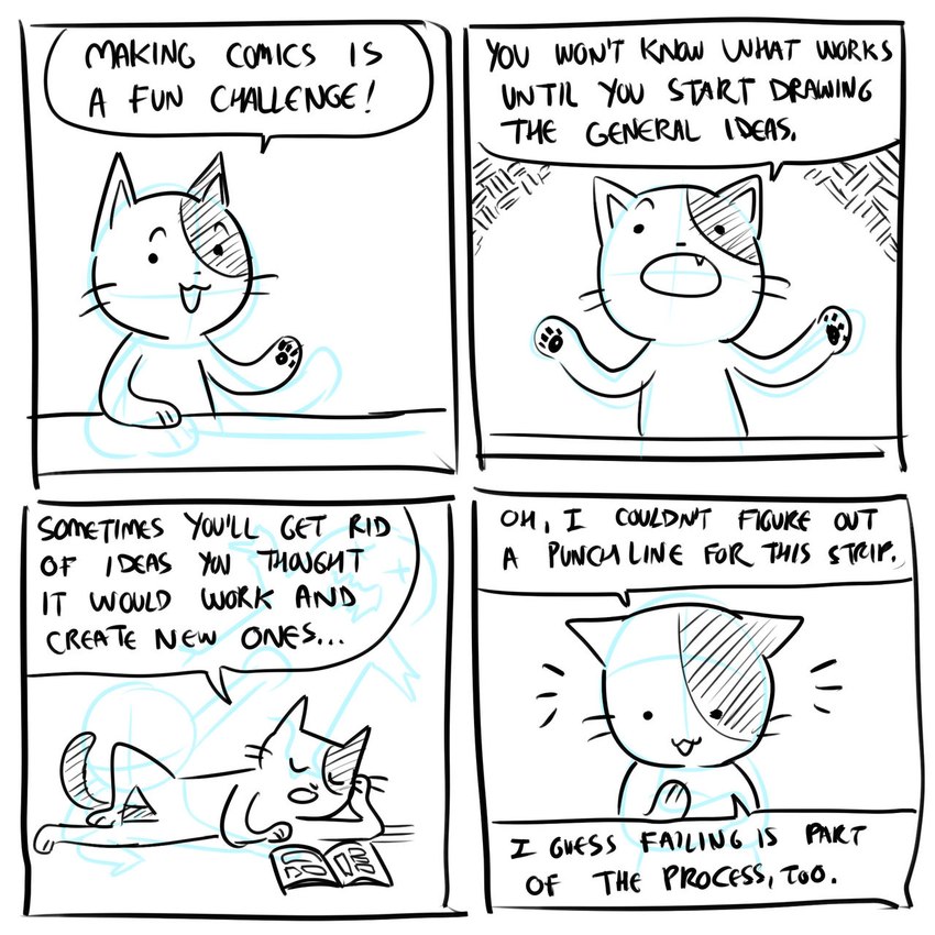 4_panel_comic ambiguous_gender anthro black_eyes black_nose black_text comic_book dialogue dot_eyes ellipsis exclamation_point eyebrows eyes_closed lying on_ground on_side pawpads paws sharp_teeth smile solo speech_bubble tail talking_to_viewer teeth text whiskers x_eyes flavia-elric domestic_cat felid feline felis mammal 1:1 2020 black_and_white comic digital_media_(artwork) english_text hi_res monochrome