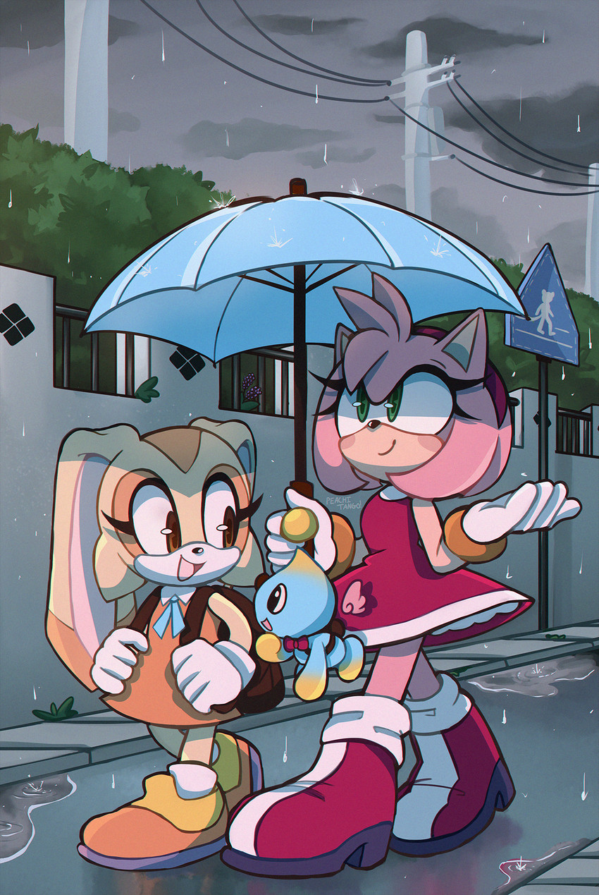 ambiguous_gender anthro backpack boots brown_eyes clothing cloud detailed_background female footwear gloves green_eyes group handwear plant raining shoes shrub smile thin_calves thin_thighs umbrella young young_female tangopack sega sonic_the_hedgehog_(series) amy_rose cheese_the_chao cream_the_rabbit chao_(sonic) eulipotyphlan hedgehog lagomorph mammal 2020 hi_res signature