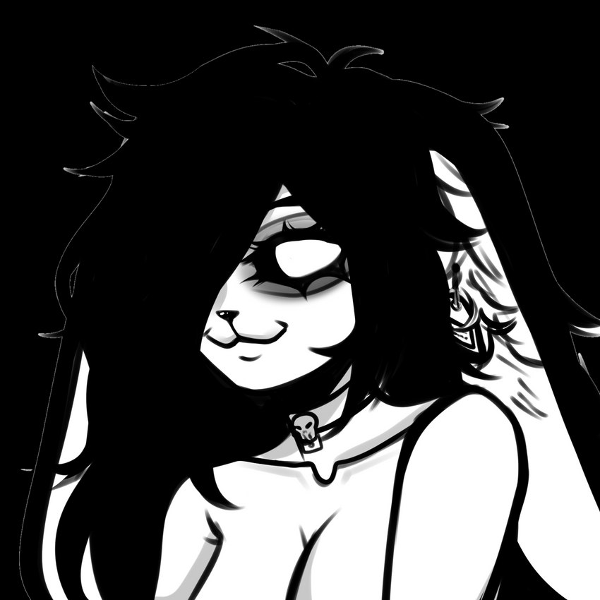 anthro big_breasts black_hair breasts cleavage clothed clothing collar female fur hair hooves markings solo spots spotted_markings unknown_artist nyha(shybun) bovid bovine cattle lagomorph leporid mammal rabbit tag_(disambiguation) 1:1 alpha_channel hi_res monochrome