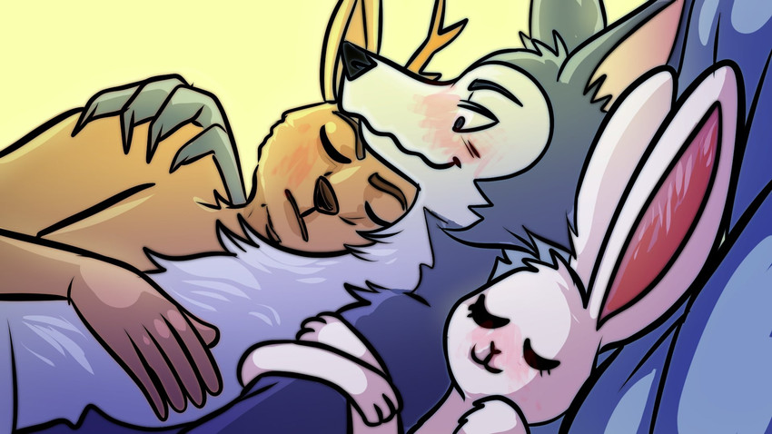 anthro anthro_on_anthro bisexual blush cuddling eyes_closed female group hug humanoid_hands lying male male/female male/male nude on_back polyamory romantic romantic_polycule sleeping trashcamell beastars haru_(beastars) legoshi_(beastars) louis_(beastars) canid canine canis cervine deer domestic_rabbit dwarf_rabbit lagomorph leporid mammal oryctolagus rabbit red_deer wolf 16:9 hi_res widescreen