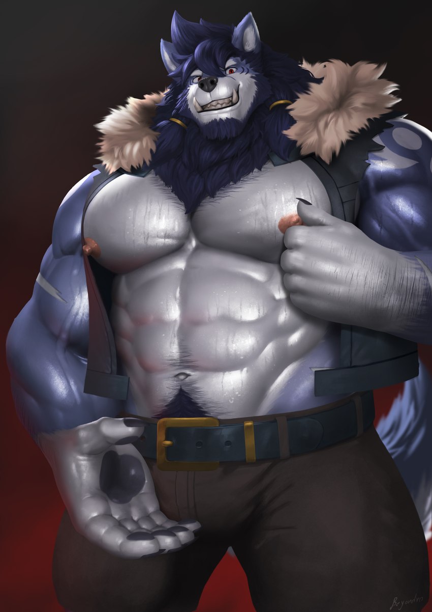 5_fingers anthro arm_hair barazoku beard belt big_muscles black_claws blue_body blue_fur blue_hair body_hair bottomwear claws clothed clothing eyebrows facial_hair fingers fur grin hair huge_muscles humanoid_hands looking_at_viewer male multicolored_body multicolored_fur muscular muscular_anthro muscular_male nipple_fetish nipple_pinch nipple_play nipples open_clothing open_topwear open_vest pants pinch pink_nipples red_eyes simple_background smile solo standing thick_eyebrows topwear tusks two_tone_body two_tone_fur vein veiny_muscles vest white_body white_fur earthist merphilox_bigwolf canid canine canis mammal wolf 2021 absurd_res hi_res