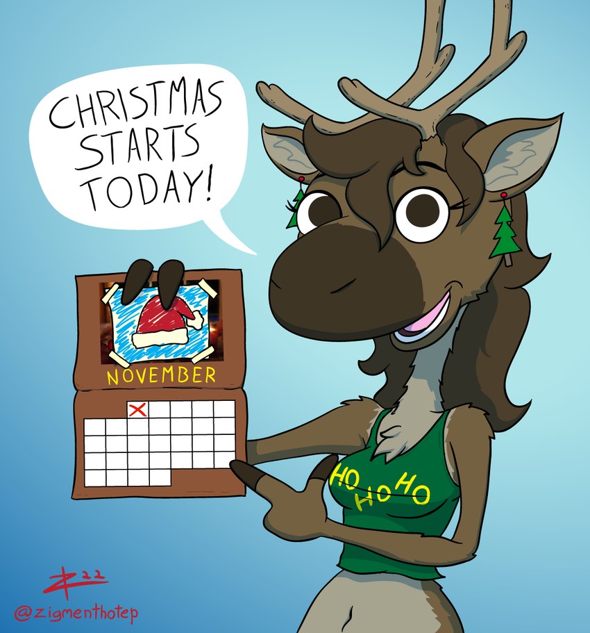 3_fingers anthro antlers blue_background brown_body brown_eyes brown_fur brown_hair calendar chest_tuft clothing female fingers fur green_clothing green_ear_ring green_shirt green_tank_top green_topwear hair holding_object hooved_fingers hooves horn looking_at_viewer multicolored_body multicolored_fur november_(month) pointing_at_object shirt simple_background solo tank_top topwear tuft two_tone_body two_tone_fur zigmenthotep deer mammal new_world_deer reindeer 2022 digital_drawing_(artwork) digital_media_(artwork) hi_res signature