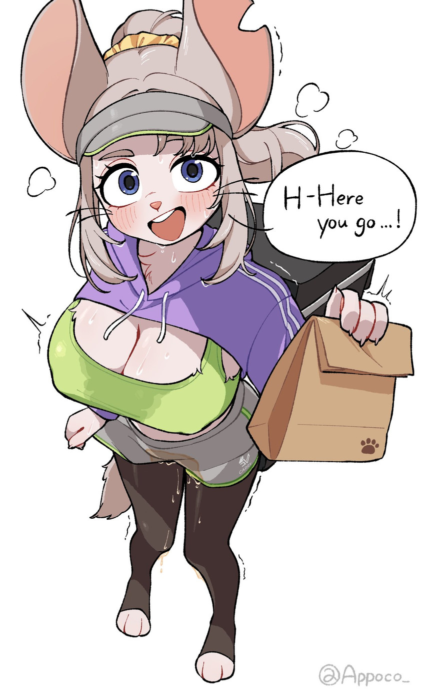 anthro backpack big_breasts blue_eyes bodily_fluids bottomwear bra breasts cleavage clothed clothing delivery_(commerce) delivery_employee dialogue digitigrade female food fur genital_fluids hair hat headgear headwear holding_bag holding_food holding_object knock-kneed legwear looking_at_viewer nipple_outline omorashi open_mouth open_smile paws peeing ponytail scrunchie shorts smile solo stockings sweat sweater text toeless_legwear toeless_stockings topwear underwear urine urine_on_leg virgin_killer_sweater visor_cap wet wet_bottomwear wet_clothing wet_shorts wetting whiskers white_body white_fur white_hair appoco meme_clothing carrie_(appoco) chinchilla chinchillid mammal rodent english_text hi_res meme