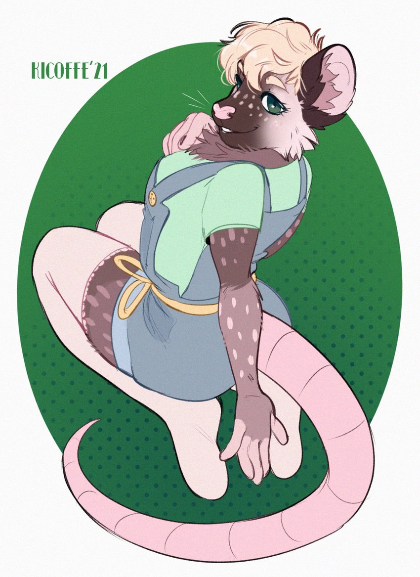 anthro blonde_hair chest_tuft clothed clothing female fully_clothed green_eyes hair high-angle_view kneeling legwear looking_at_viewer looking_back overalls rat_tail smile solo stockings tail thigh_highs tuft whiskers kicoffe mammal murid rodent hi_res