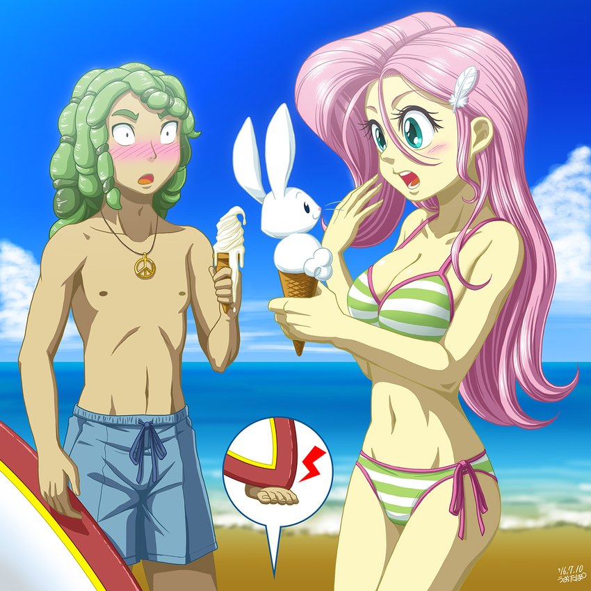 5_fingers 5_toes accessory beach bikini blue_eyes blue_sky blush blush_lines clothed clothing colored_edge_bikini dessert feather_in_hair feathers feet female fingers foam food fur glistening glistening_hair green_hair hair hair_accessory holding_food holding_object human_focus ice_cream ice_cream_cone long_hair looking_at_another male male/female navel nipples open_mouth peace_symbol pink_hair seaside shoulder_length_hair sky surfboard swimming_trunks swimwear toes topless topless_male two-piece_swimsuit white_body white_clouds white_fur uotapo equestria_girls friendship_is_magic hasbro my_little_pony angel_(mlp) fluttershy_(eg) sandalwood_(eg) human lagomorph leporid mammal rabbit 1:1 2016 artist_name colored dated hi_res portrait three-quarter_portrait