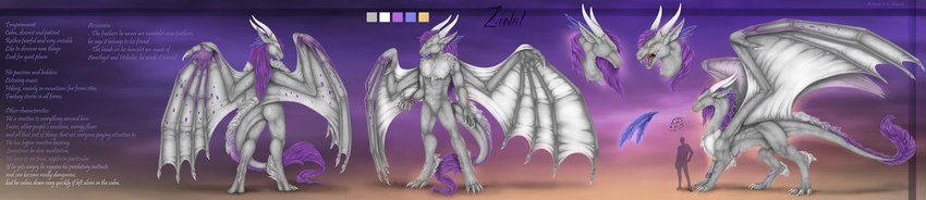 anthro butt comparing digitigrade fantasy feral front_view hair horn male membrane_(anatomy) membranous_wings purple_hair quadruped solo sunset tail teeth text white_body wide_image wings selianth mythology zeskel dragon mythological_creature mythological_scalie scalie absurd_res english_text hi_res long_image model_sheet