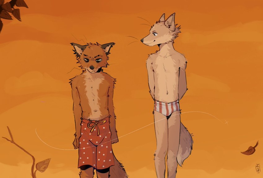 anthro clothed clothing duo leaf male outside speedo swimming_trunks swimwear topless wind sgguzz fantastic_mr._fox ash_fox_(fantastic_mr._fox) kristofferson_silverfox canid canine fox mammal red_fox true_fox