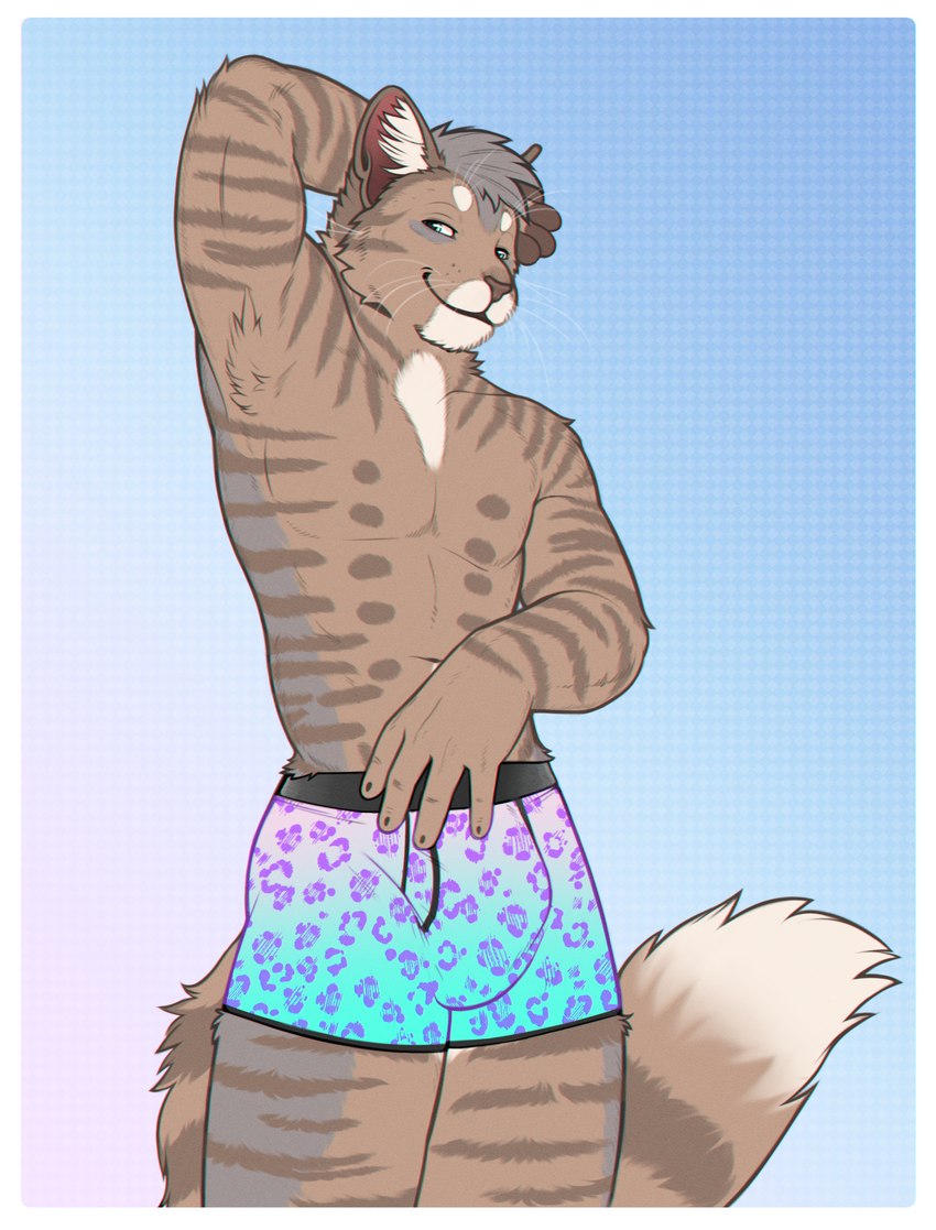 animal_print anthro armpit_hair blue_eyes body_hair border boxer_briefs boxer_briefs_only brown_body brown_fur bulge clothed clothing fur grey_hair hair leopard_print male markings simple_background smile solo striped_markings stripes topless underwear underwear_only whiskers white_border homogenousrule domestic_cat felid feline felis mammal tabby_cat hi_res