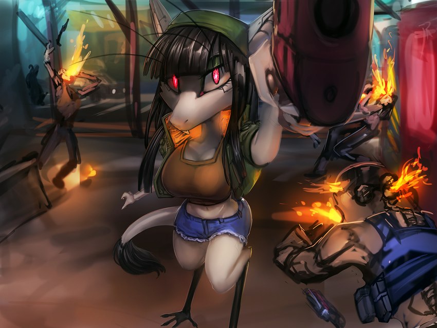 4_toes anthro barefoot black_hair bottomwear breasts brown_clothing brown_topwear cleavage clothed clothing cybernetics daisy_dukes denim denim_bottomwear denim_clothing denim_shorts feet female fingerpads fur grey_body grey_fur group gun hair holding_gun holding_object holding_ranged_weapon holding_weapon hotpants looking_at_viewer machine midriff navel pawpads pointing_gun_at_viewer ranged_weapon red_eyes science_fiction shorts solo_focus standing tail tail_tuft toes topwear tuft violence weapon general-irrelevant cyberpunk_edgerunners out-of-placers vizlet cyborg mammal yinglet 2022 4:3 digital_media_(artwork)