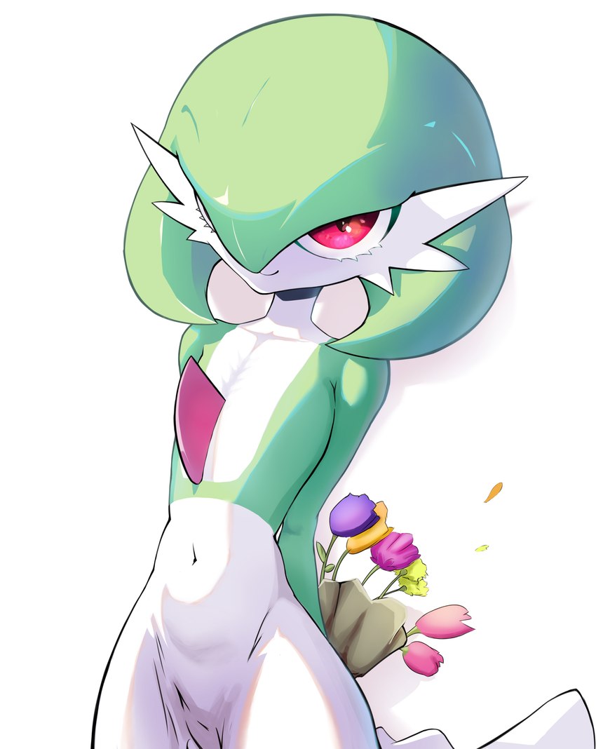 anthro bedroom_eyes female flat_chested flowers_in_hand hiding_object looking_at_viewer narrowed_eyes navel seductive solo wide_hips wind noconcession nintendo pokemon gardevoir generation_3_pokemon pokemon_(species) absurd_res hi_res