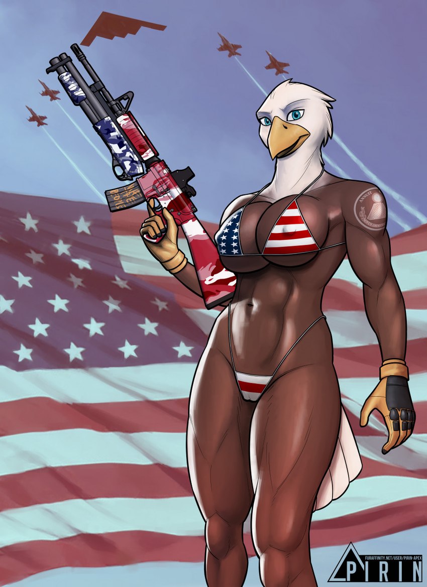 aircraft airplane american_flag american_flag_bikini anthro ar-15 assault_rifle athletic athletic_anthro athletic_female beak big_breasts bikini blue_eyes bra breasts camel_toe clothed clothing female flag flag_(object) flag_background flag_bikini flag_clothing flag_print flag_swimwear glistening glistening_body gloves gun handwear holidays looking_at_viewer masterkey navel nipple_outline non-mammal_breasts outside panties print_bikini print_clothing print_swimwear ranged_weapon rifle shotgun skimpy solo standing swimwear tattoo two-piece_swimsuit under_boob underwear united_states_of_america vehicle weapon pirin-apex 4th_of_july american_eagle accipitrid accipitriform avian bald_eagle bird eagle sea_eagle 2021 hi_res signature