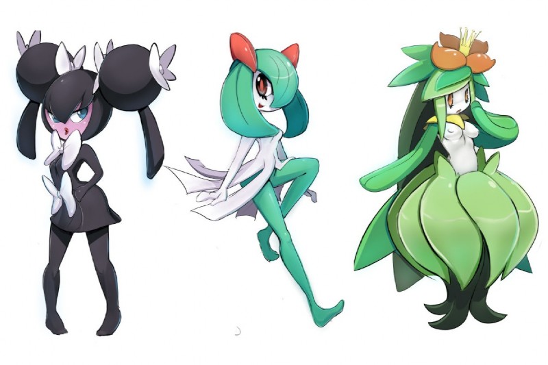 alternative_fashion breasts female goth gothic_lolita group j-fashion lolita_(fashion) not_furry simple_background white_background sho-n-d nintendo pokemon generation_3_pokemon generation_5_pokemon gothorita humanoid kirlia lilligant pokemon_(species) 2012