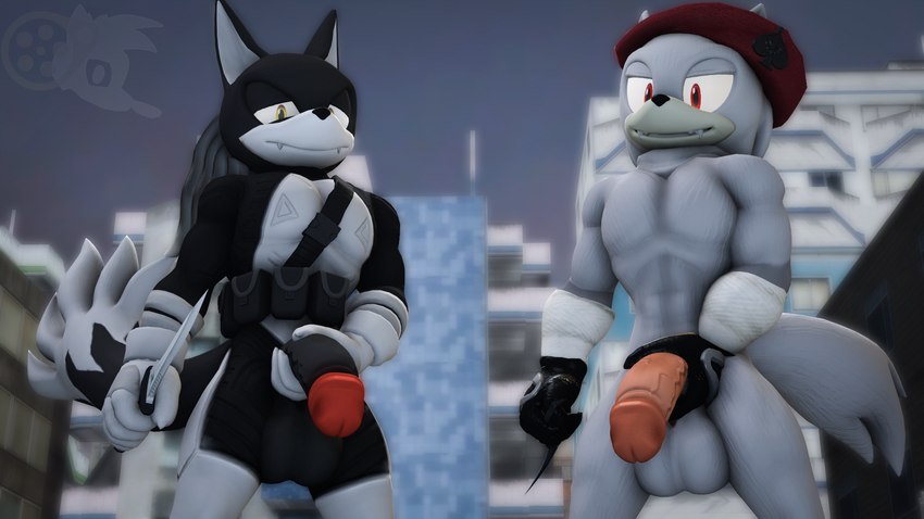 anthro balls bandage bandaged_arm beret big_balls big_penis black_body black_fur bodysuit city city_background clothing duo fur genitals gloves grey_body grey_fur hair handwear hat headgear headwear holding_penis knife looking_at_viewer male muscular muscular_male nude penis red_eyes skinsuit tail tight_clothing white_body white_fur yellow_eyes juicyducksfm sega sonic_the_hedgehog_(series) ace_(mrfrenchyjackal) adam_(juicyducksfm) fan_character jackal_squad canid canine canis jackal mammal wolf 3d_(artwork) digital_media_(artwork) hi_res source_filmmaker_(artwork)