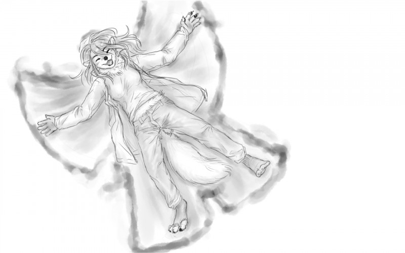 anthro black_nose bottomwear clothed clothing eyes_closed female footwear fully_clothed hair jacket legwear long_hair open_mouth pants shirt snow_angel socks solo topwear bakabakeneko canid canine canis mammal wolf 16:10 hi_res monochrome sketch widescreen