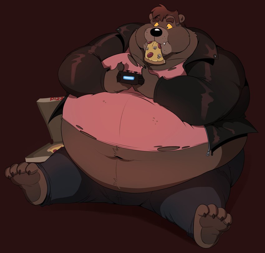 anthro belly big_belly bottomwear brown_body brown_fur chubby_cheeks claws clothed clothing concentrating container controller double_chin eating electronics feet food fur game_controller gaming hair holding_controller holding_game_controller holding_object humanoid_hands jacket leather leather_clothing leather_jacket leather_topwear male navel obese obese_anthro obese_male overweight overweight_anthro overweight_male pants pawpads pizza pizza_box pizza_in_mouth pizza_slice playing_video_game shirt sitting slightly_chubby slightly_chubby_anthro slightly_chubby_male snaggle_tooth solo toe_claws topwear torn_clothing yellow_eyes zipper blainwolf bear brown_bear mammal ursine hi_res