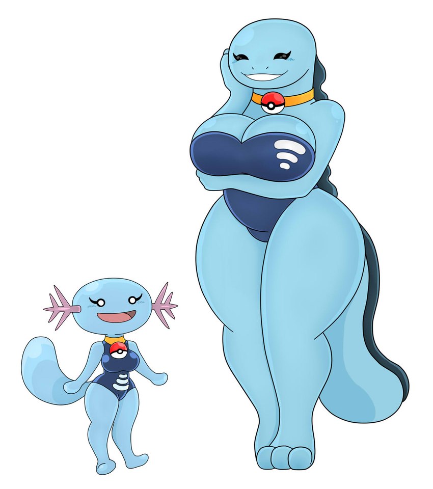 antennae_(anatomy) anthro big_breasts blue_body breasts clothing collar duo evolutionary_family eyes_closed female happy huge_breasts one-piece_swimsuit pokeball pokemorph simple_background smile swimwear tail white_background white_eyes urusee584 nintendo pokemon generation_2_pokemon pokemon_(species) quagsire wooper digital_drawing_(artwork) digital_media_(artwork) hi_res shaded