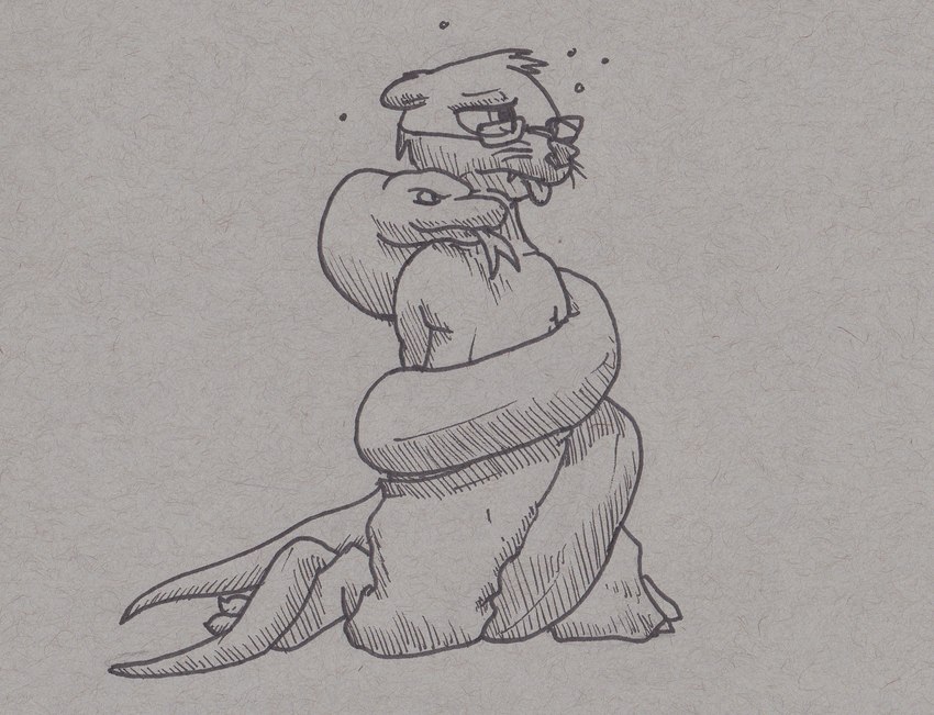 anthro black_nose bottomwear clothing coiling duo eyewear feral glasses male pants paws substance_intoxication doesnotexist bryce_daeless eurasian_otter lutra mammal mustelid otter reptile river_otter scalie snake hi_res pen_(artwork) traditional_media_(artwork)