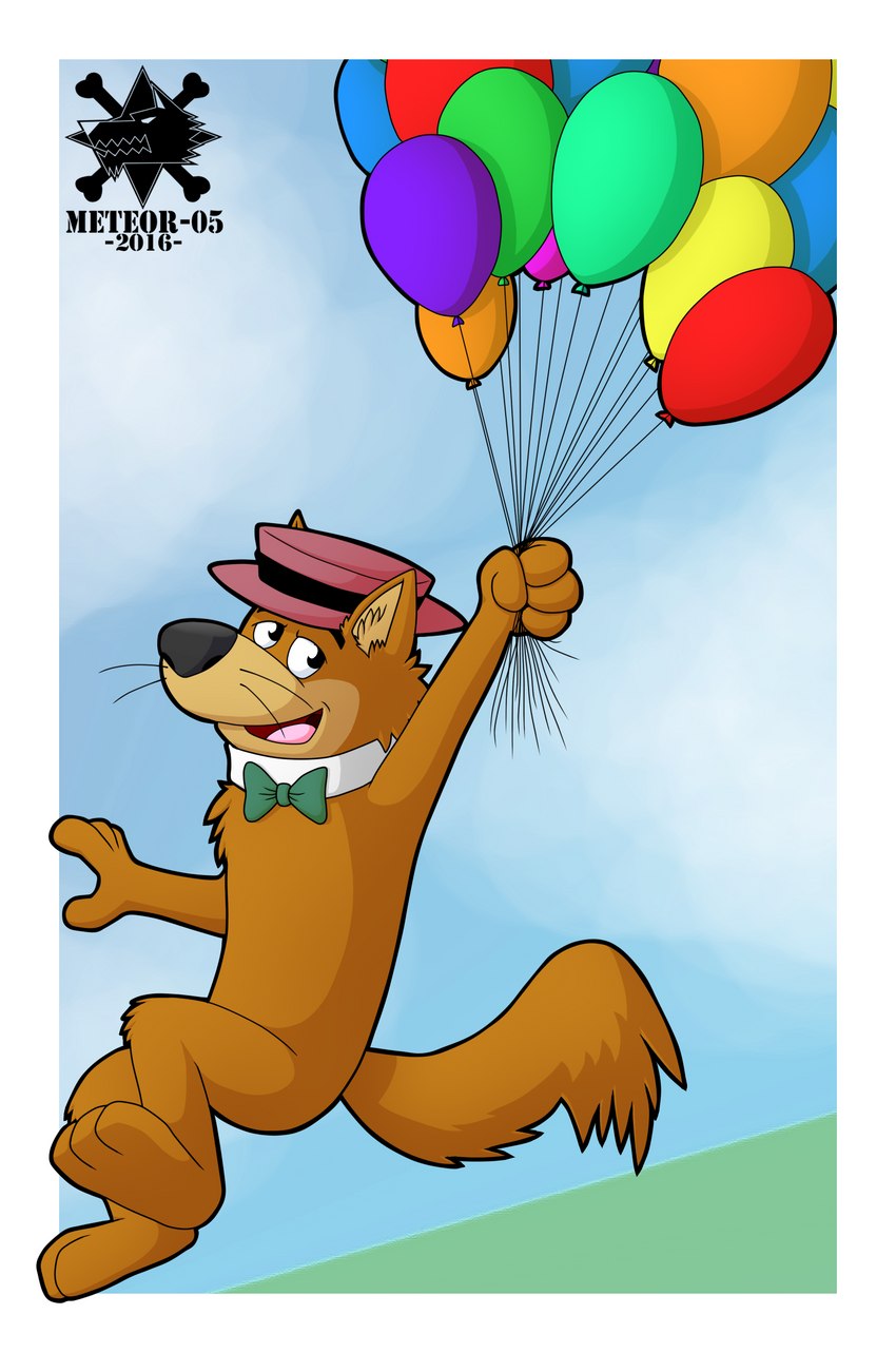 3_toes 4_fingers anthro balloon balloon_support biped black_nose border bow_(feature) bow_tie brown_body brown_fur brown_tail clothing feet fingers fur hat headgear headwear holding_balloon holding_object inflatable inflatable_support inner_ear_fluff logo male open_mouth solo tail toes tuft whiskers white_border year meteor-5 hanna-barbera hokey_wolf hokey_wolf_(character) canid canine canis mammal wolf 2016 artist_logo full-length_portrait hi_res portrait