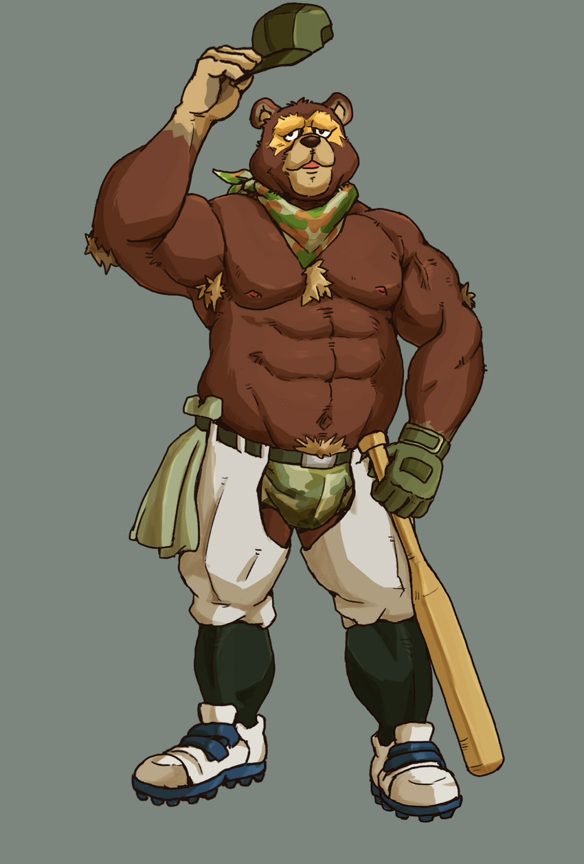 anthro armpit_hair barazoku baseball_bat bat_(object) body_hair brown_body brown_fur clothing fur hat headgear headwear humanoid_hands kemono male muscular muscular_anthro muscular_male nipples simple_background solo underwear kounfuyu animal_crossing nintendo ike_(animal_crossing) bear mammal 2020 hi_res