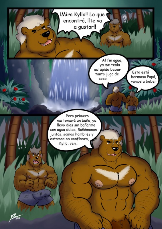 anthro brown_body brown_fur bulge clothed clothing detailed_bulge dialogue duo erection erection_under_clothing fur genital_outline genitals hair male male/male muscular muscular_anthro muscular_male night nipples outside pecs penis penis_outline text undressing waterfall yasser bongo_(dad) kyllo_(son) bear mammal comic hi_res spanish_text translated father_(lore) father_and_child_(lore) father_and_son_(lore) parent_(lore) parent_and_child_(lore) parent_and_son_(lore) son_(lore)