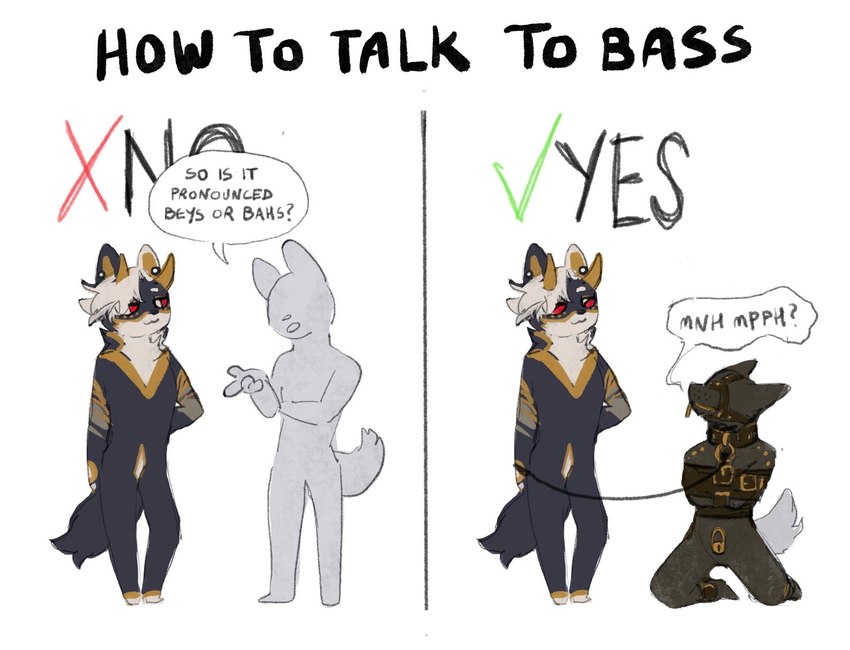 2_panel_comic ambiguous_gender anthro arms_tied bdsm bound dark_body dark_fur dialogue dominant dominant_anthro dominant_male duo fur grey_body hair holding_leash holding_object horn how-to humor kneeling kneeling_on_ground latex_straitjacket leash lock_bulge lock_symbol looking_at_another male muffled_speech multicolored_body multicolored_fur no_pupils red_eyes restraints simple_background speech_bubble standing straitjacket submissive submissive_ambiguous submissive_anthro tan_body tan_fur tan_hair text white_background yellow_body yellow_fur yellow_horn yellow_inner_ear zipper zipper_mouth bassenji how_to_talk_to_short_people anonymous anthro_anon bass_(bassenji) canid canine canis demon hellwolf mammal wolf 2022 digital_media_(artwork) english_text hi_res meme nonbinary_(lore) trans_(lore) trans_man_(lore)