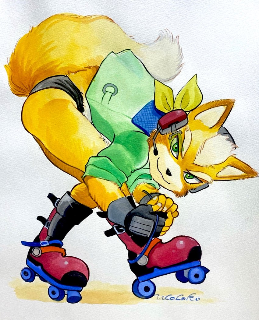 anthro bent_over clothing fur green_eyes jacket male orange_body orange_fur quad_skates roller_skates scouter solo speedo swimwear topwear ulala_ko nintendo star_fox fox_mccloud canid canine fox mammal hi_res