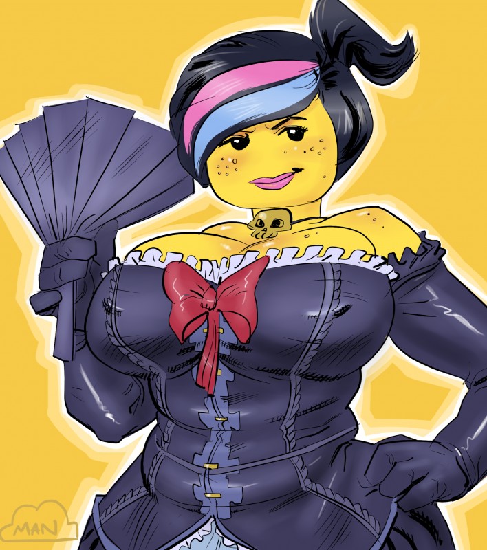 alternative_fashion armwear big_breasts black_hair bone breasts cleavage clothed clothing corset elbow_gloves female freckles gloves goth gothic_lolita hair hand_fan handwear j-fashion lingerie lips lolita_(fashion) not_furry pink_lips ponytail simple_background skull slightly_chubby solo topwear cloudman lego the_lego_movie wyldstyle humanoid lego_minifigure absurd_res hi_res