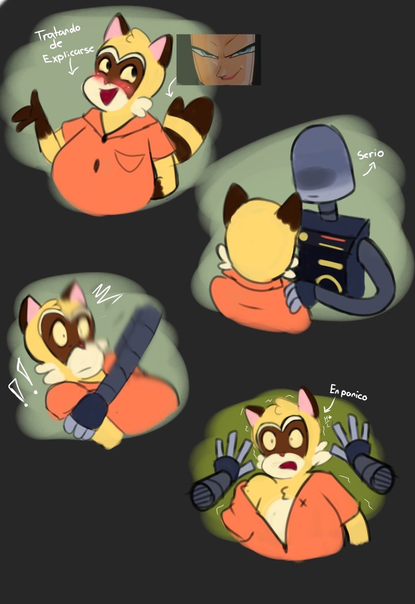 anthro belly blush brown_body clothing duo grey_body lying machine male shirt slightly_chubby surprised text topwear missluwu robot_dreams android_17 rascal_(robot_dreams) robot_(robot_dreams) mammal procyonid raccoon robot 2024 comic hi_res spanish_text translated