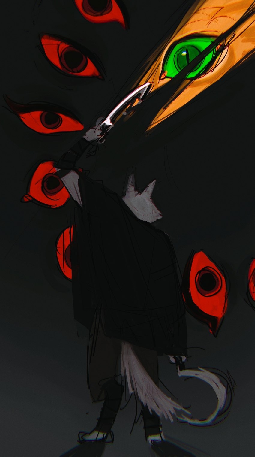 anthro armband armwear black_background bottomwear cloak clothed clothing dual_holding dual_wielding duo fanfiction fluffy fluffy_tail fur green_eyes holding_object holding_weapon male orange_body orange_fur pants pointy_ears poncho prick_ears pupils red_eyes shadow sickle simple_background slit_pupils solo standing string tail weapon white_body white_fur random_seafood dreamworks puss_in_boots_(franchise) death_(puss_in_boots) puss_in_boots_(dreamworks) canid canine canis domestic_cat felid feline felis mammal tabby_cat wolf absurd_res hi_res