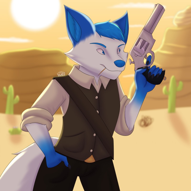 anthro bad_trigger_discipline biped biting_on_toothpick blue_body blue_eyes blue_fur blue_hair blue_nose bottomwear cactus clothed clothing cloud day desert detailed_background eyebrows fully_clothed fur fur_markings gloves_(marking) gradient_fur gun hair hand_in_pocket handgun holding_gun holding_handgun holding_object holding_pistol holding_ranged_weapon holding_weapon inner_ear_fluff looking_aside male markings multicolored_body multicolored_fur outside pants pistol plant pockets ranged_weapon revolver shirt short_hair sky solo standing sun toothpick topwear tuft tumbleweed two_tone_body two_tone_fur vest weapon white_body white_fur damian5320 aero_(aero-foxy) arctic_fox canid canine fox mammal true_fox 1:1 2019 absurd_res hi_res signature