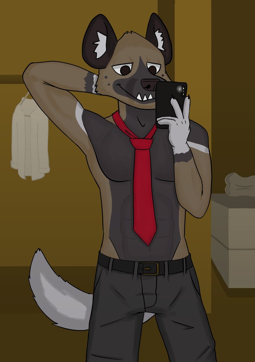 anthro electronics hotel loose_tie male phone photo selfie shirtless shirtless_male solo lewd_latte aggretsuko sanrio haida_(aggretsuko) hyena mammal spotted_hyena hi_res