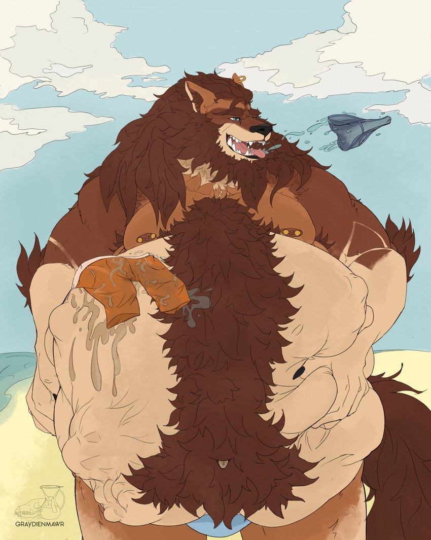 anthro beach belly big_belly bodily_fluids brown_body brown_fur brown_hair burping burping_up_object drooling fully_inside fur hair hand_on_belly male male_pred nipple_piercing nipples piercing saliva same_size_vore seaside vore graydien nathan_(graydien) canid canine canis mammal wolf hi_res