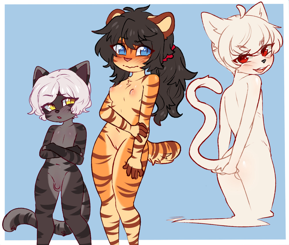 adolescent age_difference ahoge alternate_hairstyle anthro backsack balls black_hair blue_background blue_eyes blush border breasts butt crossed_arms crossgender dark_body dark_fur dipstick_ears ear_markings embarrassed eyebrows female fingerless_(marking) fingers floating ftm_crossgender fur genitals group hair hands_behind_back hands_together holding_arm long_hair looking_at_another looking_away looking_back male mouth_closed mtf_crossgender multicolored_ears navel nipples nude older_female open_mouth orange_body orange_fur penis ponytail pupils raised_eyebrow red_eyes short_hair simple_background slit_pupils small_breasts standing striped_body striped_fur stripes tail teeth trio vulva wavy_mouth white_body white_border white_hair yellow_eyes young young_anthro young_female young_male younger_male aoizuri amalia_(claralaine) ghost_(claralaine) ken_(claralaine) domestic_cat felid feline felis ghost mammal spirit 2018 hi_res stepbrother_(lore) stepsibling_(lore) stepsister_(lore)