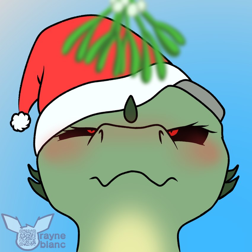 blush christmas_clothing christmas_headwear clothing hat headgear headwear holidays mistletoe narrowed_eyes plant santa_hat solo albinoraynedeer christmas microsoft the_elder_scrolls meer-mah argonian scalie 1:1 hi_res