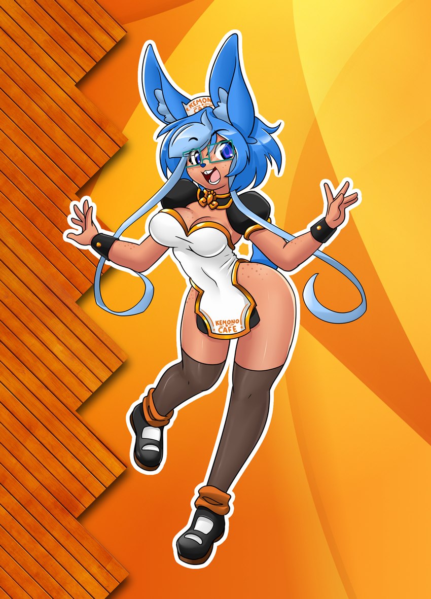 abstract_background anthro blue_eyes blue_hair breasts clothing eyewear female footwear freckles glasses hair inner_ear_fluff legwear on_one_leg open_mouth shoes solo standing stockings tuft nekonny lazuli_delarosa lagomorph leporid mammal rabbit 2019 hi_res