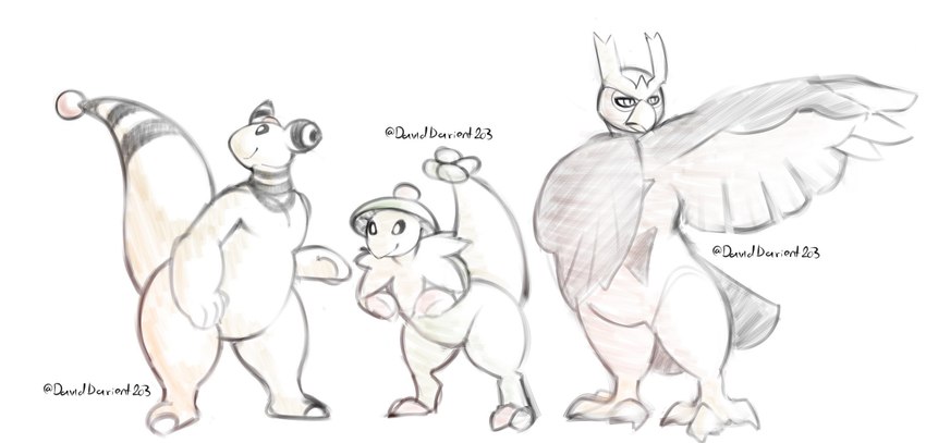 anthro black_sclera claws group leaning leaning_forward male overweight red_claws simple_background smile standing tail thick_tail toe_claws trio white_background white_eyes daviddarient203 nintendo pokemon ampharos avian bird breloom generation_2_pokemon generation_3_pokemon noctowl owl pokemon_(species) 2024 hi_res spanish_description watermark