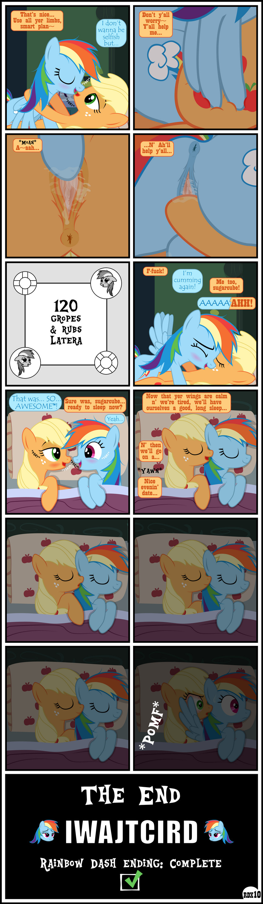 anus base_six_layout blonde_hair dialogue duo female female/female feral genitals grid_layout hair orange_body pussy six_row_layout text twelve_frame_grid twelve_frame_image vaginal gutovi-kun friendship_is_magic hasbro my_little_pony applejack_(mlp) rainbow_dash_(mlp) equid mammal absurd_res comic english_text hi_res