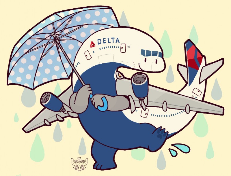 3_toes aircraft airplane ambiguous_gender feet holding_object holding_umbrella jet looking_at_viewer machine not_furry on_one_leg raining simple_background smile soles solo splash standing text toes umbrella vehicle yellow_background igriega delta_airlines living_aircraft living_machine living_vehicle 2017 english_text hi_res signature