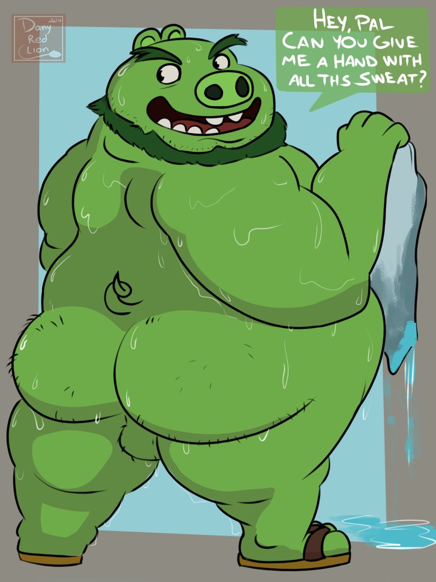 anthro backsack balls beard belly big_belly bodily_fluids facial_hair genitals green_body male overweight overweight_male rear_view solo sweat text towel danyredlion angry_birds rovio_entertainment sega the_angry_birds_movie king_leonard_mudbeard pig_(angry_birds) domestic_pig mammal suid suine sus_(pig) 2024 3:4 english_text hi_res