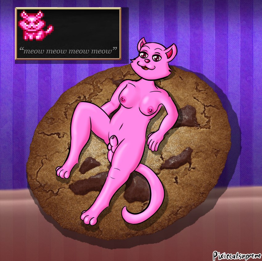 animal_genitalia anthro breasts cookie food fur genitals gynomorph intersex lying milk nipples on_back pink_body pink_eyes pink_fur pink_nose sheath smile tail text_box pixiecatsupreme cookie_clicker domestic_cat felid feline felis mammal