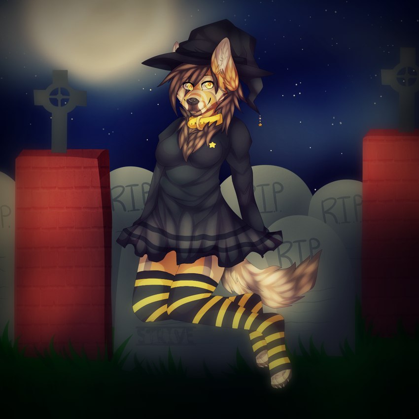 anthro cemetery clothing costume female halloween_costume holidays magic_user solo witch strive halloween jezzle canid canine canis domestic_dog mammal 1:1 hi_res