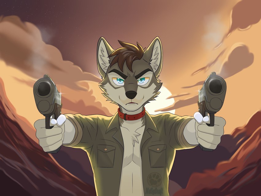 aiming aiming_at_viewer akimbo anthro blue_eyes brown_hair clothed clothing cloud collar gun hair handgun male open_clothing open_shirt open_topwear pistol pistols ranged_weapon shirt short_hair solo sunset topwear weapon netiscraft canid canine canis mammal wolf 4:3 hi_res wallpaper