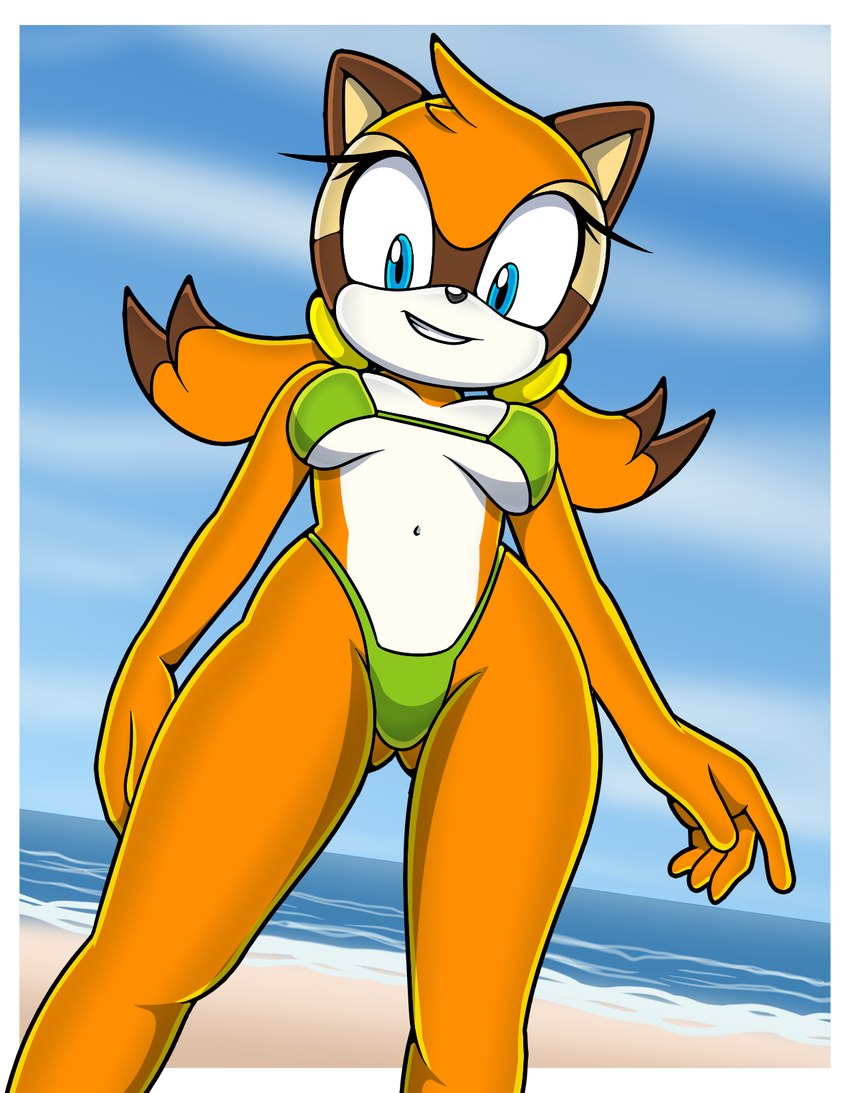 adolescent anthro beach bikini bikini_bottom bikini_top blue_eyes breasts clothed clothing female fur hair looking_at_viewer low-angle_view navel orange_body outside sand seaside sky smile solo standing swimwear thick_thighs two-piece_swimsuit under_boob water wide_hips worm's-eye_view young young_anthro young_female sonicguru sega sonic_the_hedgehog_(series) marine_the_raccoon mammal procyonid raccoon digital_media_(artwork) hi_res