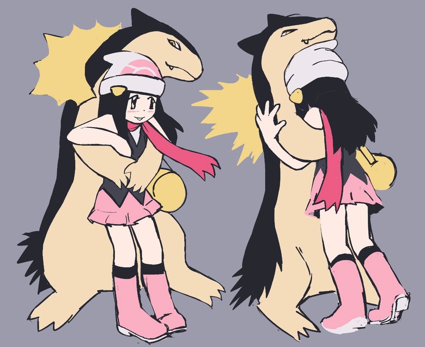 ambiguous_gender anthro boots bottomwear clothed clothing duo female footwear hug shoes skirt dokudrinker nintendo pokemon dawn_(pokemon) generation_2_pokemon human mammal pokemon_(species) typhlosion 2023