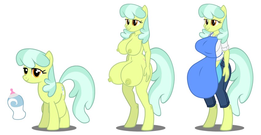 anthro apron big_breasts big_teats breasts breasts_and_teats clothing crotch_bra crotch_breasts female feral huge_teats nipples nude solo teats flashequestria friendship_is_magic hasbro my_little_pony caring_dairy_(oc) earth_pony equid equine horse mammal pony hi_res model_sheet