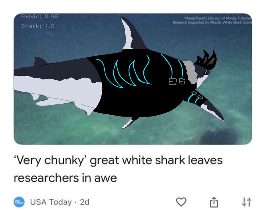 anthro black_clothing clothing feral hair jacket leaving male neon solo swimming text thick_thighs topwear realta22 realta fish great_white_shark mackerel_shark marine shark white_shark english_text hi_res meme redraw